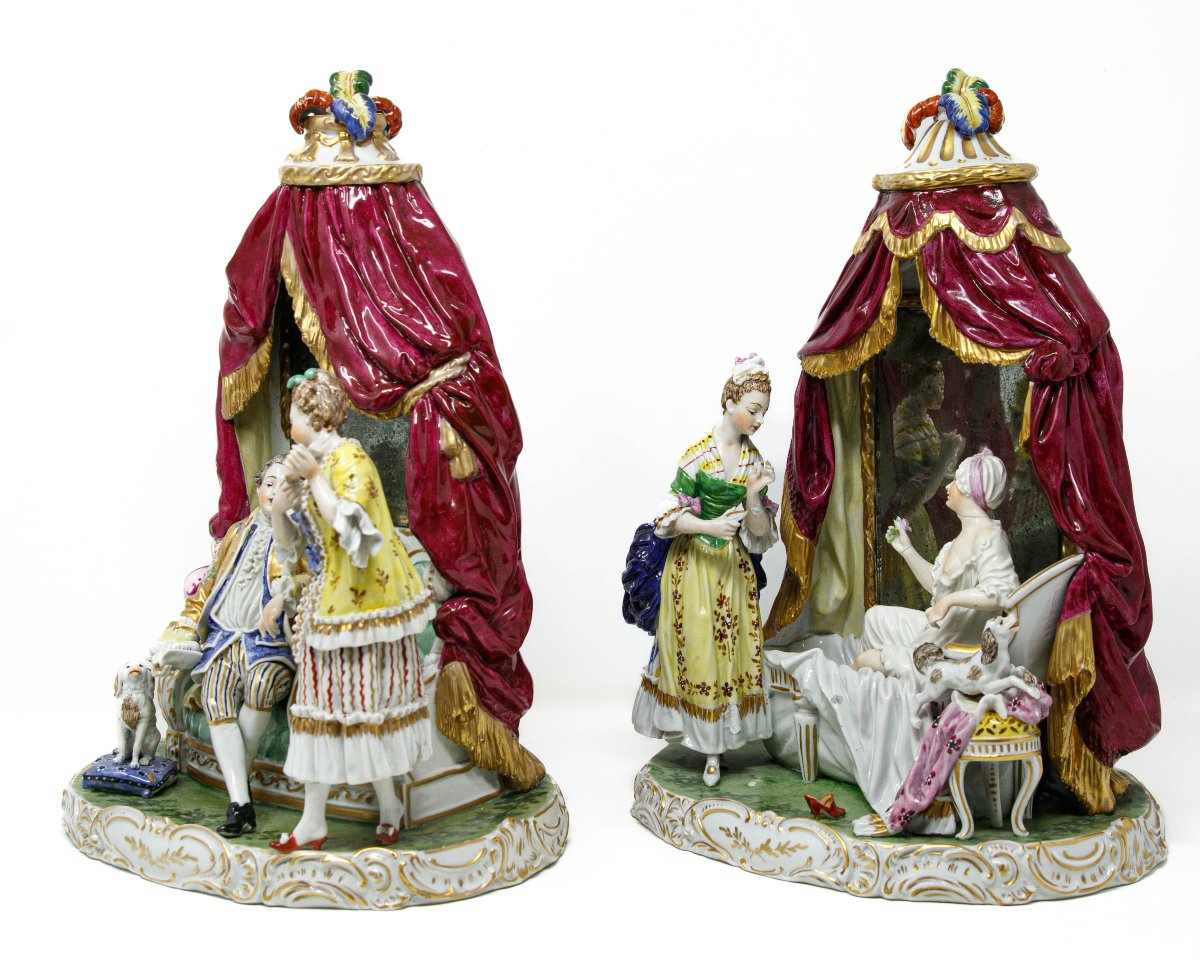 Manufacture de Dresde, XIXe siècle, Couple de scènes domestiques avec miroir et baldaquin-photo-2