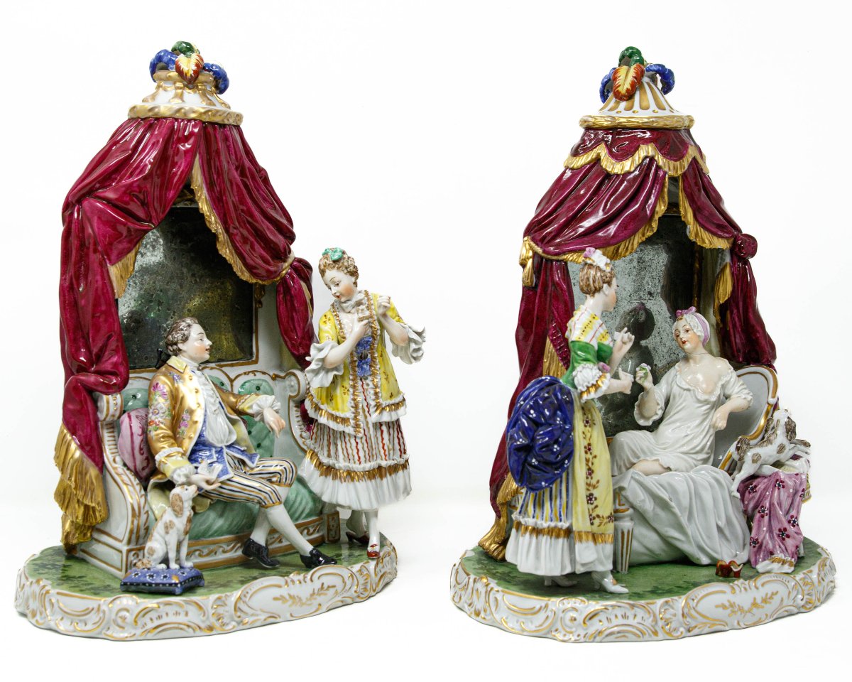 Manufacture de Dresde, XIXe siècle, Couple de scènes domestiques avec miroir et baldaquin-photo-3