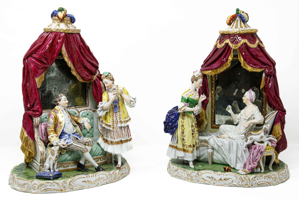 Manufacture de Dresde, XIXe siècle, Couple de scènes domestiques avec miroir et baldaquin-photo-4