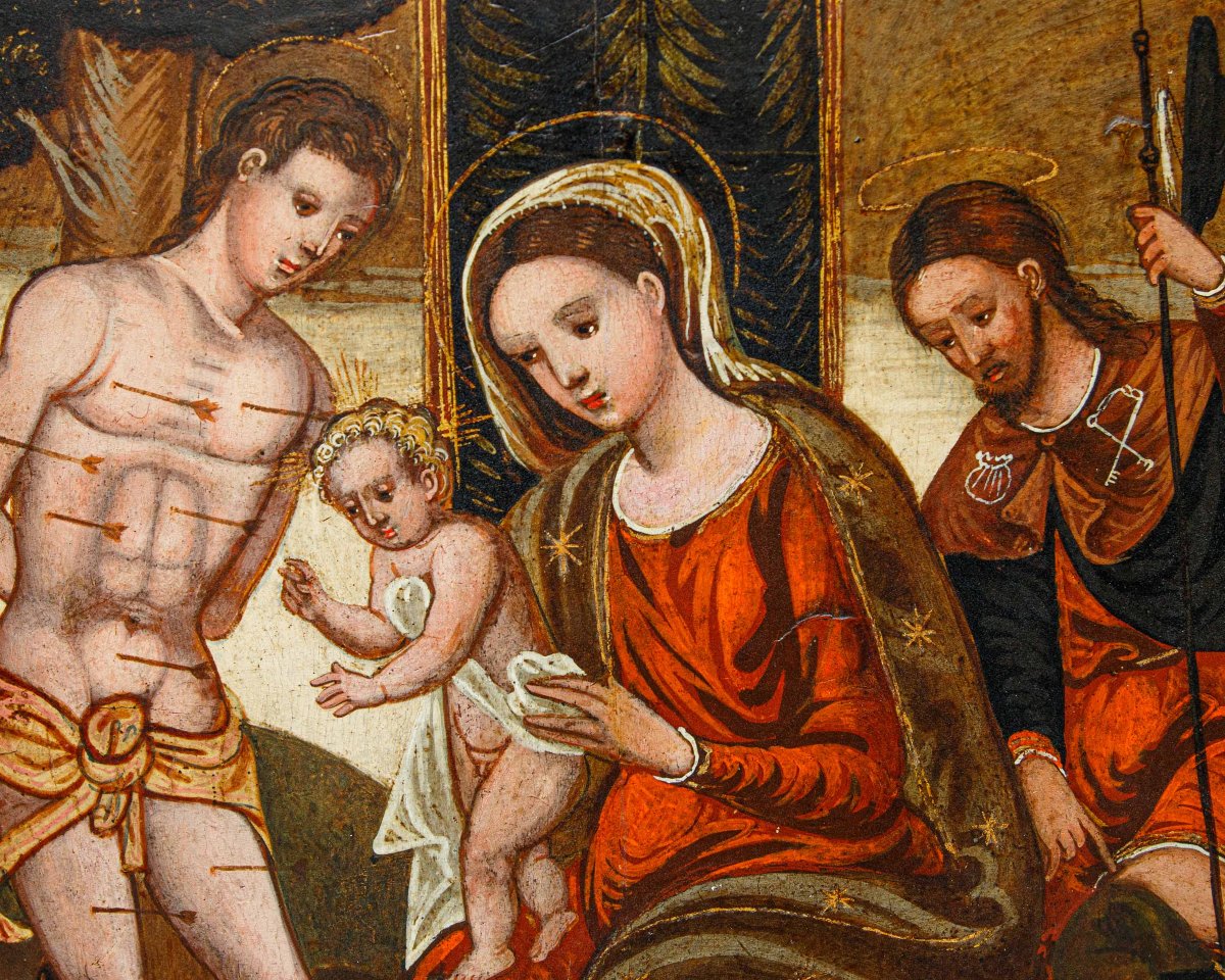 Peintre du bas-adriatique, XVIe siècle, La Vierge avec l’Enfant et les Saints Roch et Sébastien-photo-2