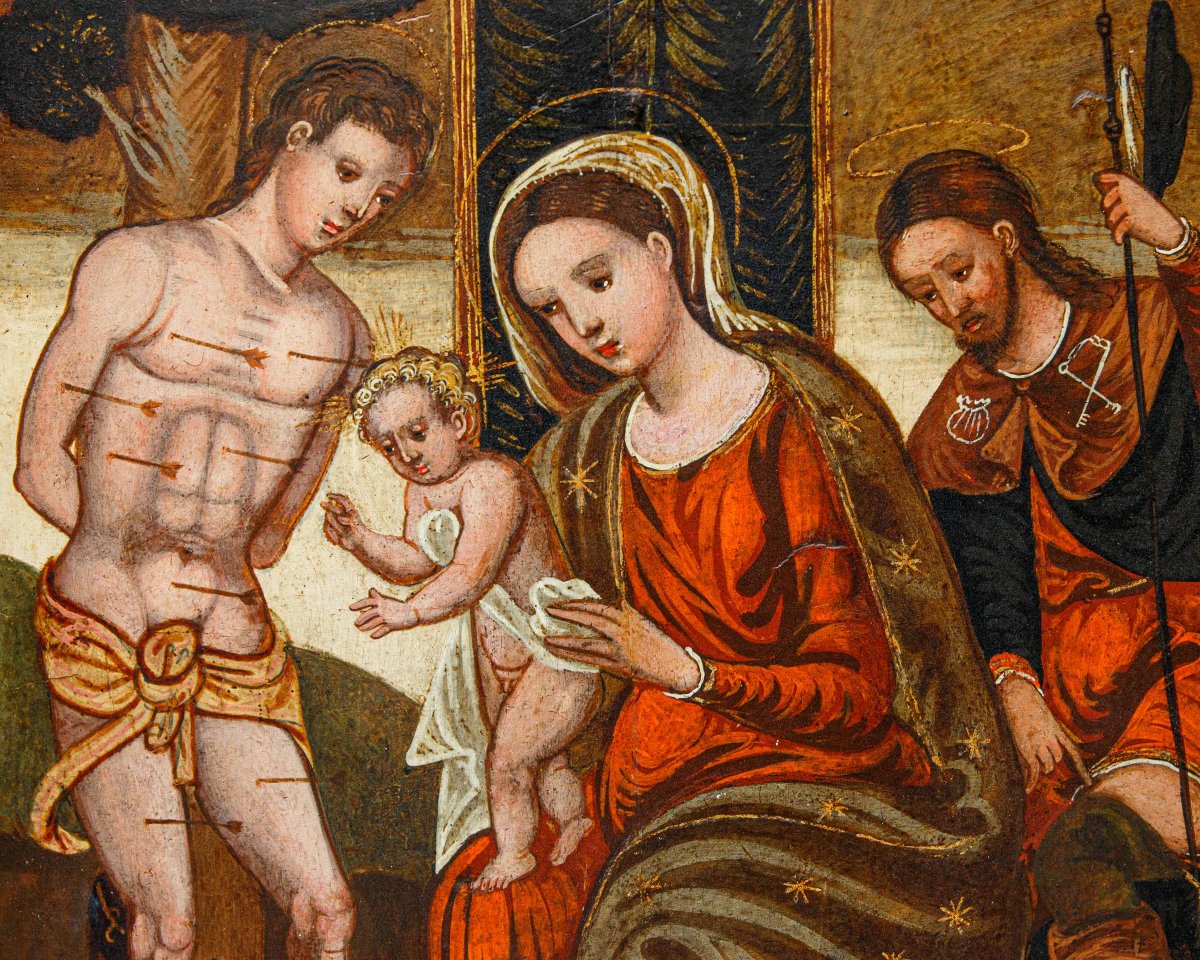 Peintre du bas-adriatique, XVIe siècle, La Vierge avec l’Enfant et les Saints Roch et Sébastien-photo-5