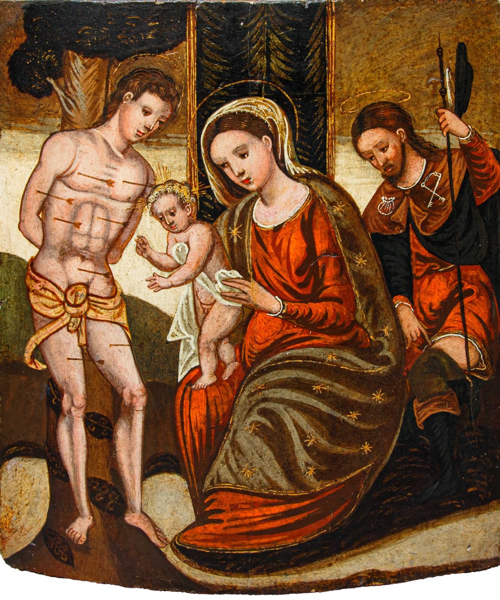 Peintre du bas-adriatique, XVIe siècle, La Vierge avec l’Enfant et les Saints Roch et Sébastien