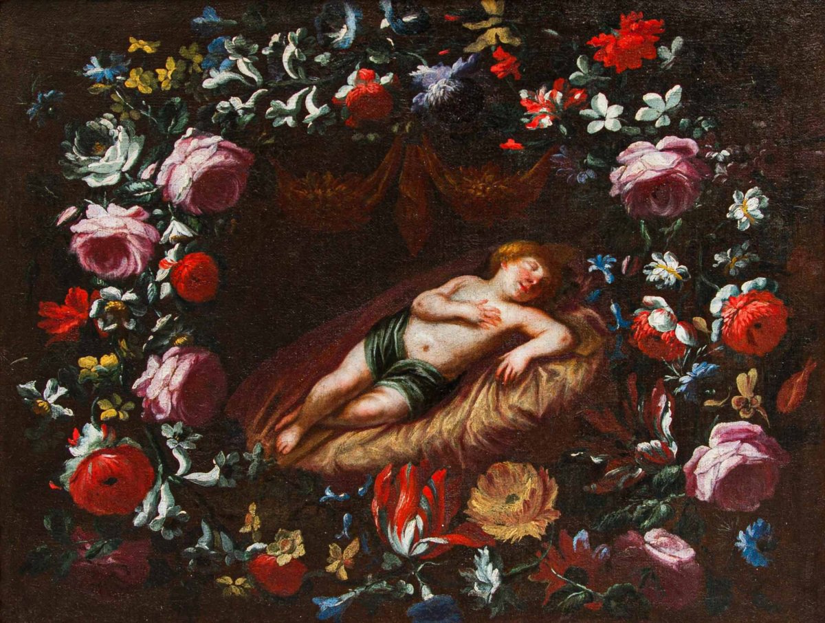 Pier Francesco Cittadini (1616–1681), Attributed To, Garland With The Sleeping Jesus-photo-2