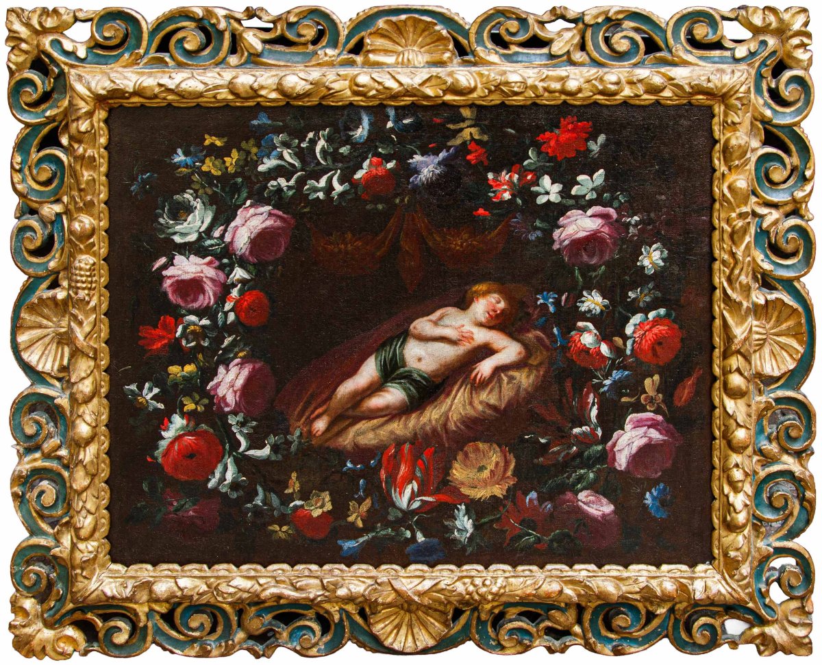 Pier Francesco Cittadini (1616–1681), Attributed To, Garland With The Sleeping Jesus