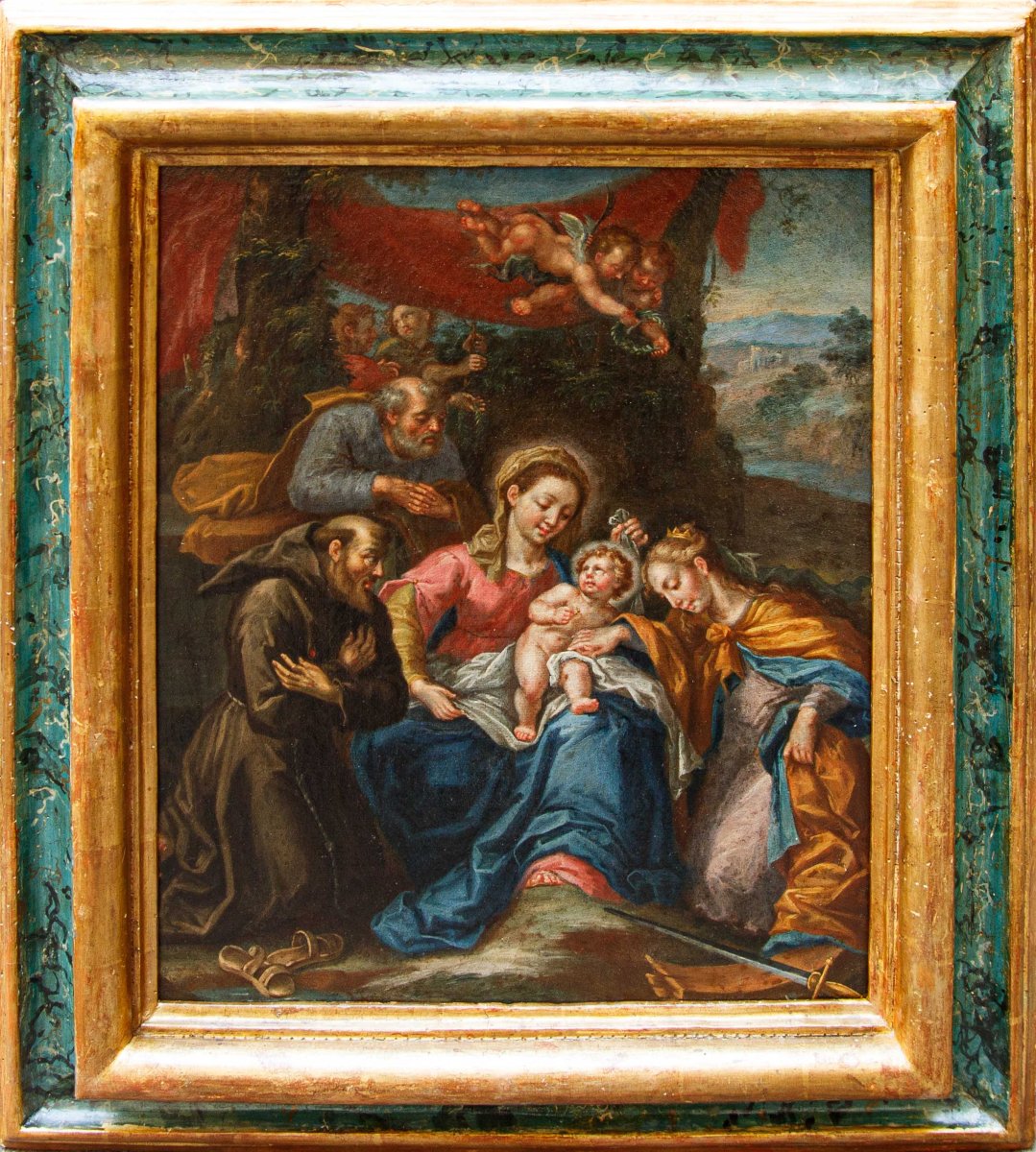 École romaine du XVIIe siècle, Sainte Famille avec Sainte Catherine et un Saint franciscain-photo-2