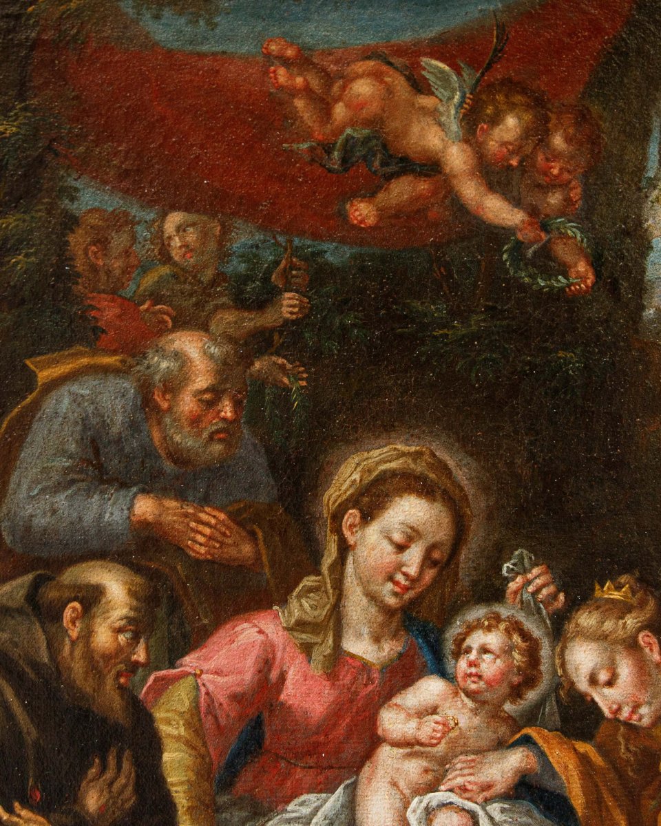 École romaine du XVIIe siècle, Sainte Famille avec Sainte Catherine et un Saint franciscain-photo-5