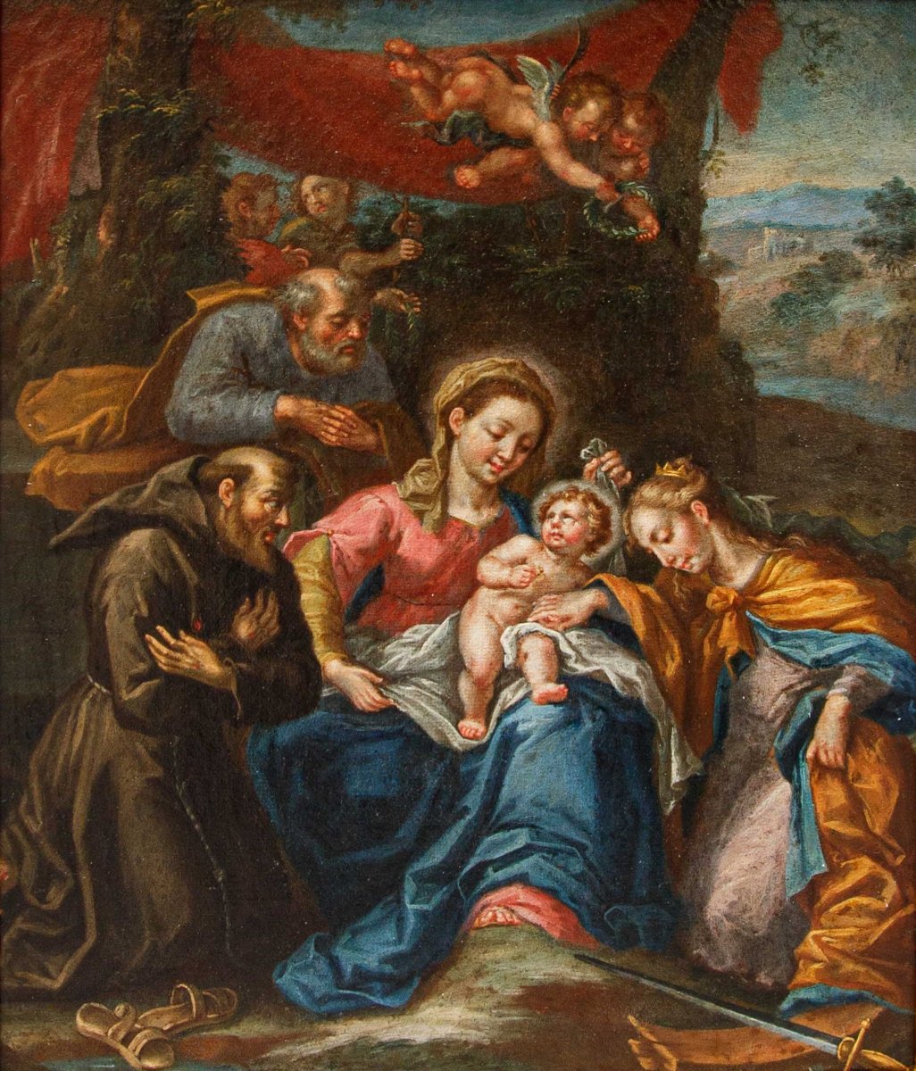 École romaine du XVIIe siècle, Sainte Famille avec Sainte Catherine et un Saint franciscain