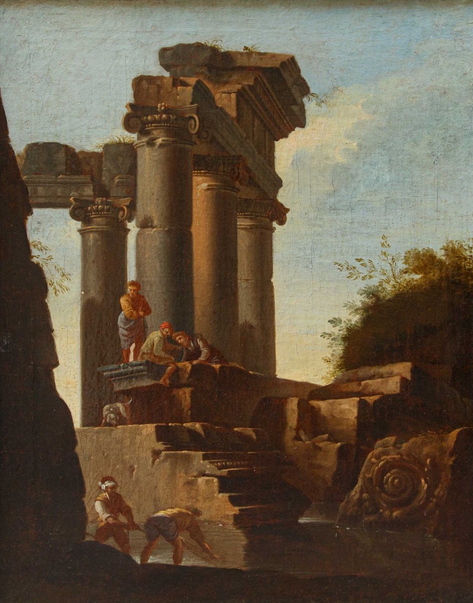 Giovanni Ghisolfi (Milan, 1623 - 1683), Paysage avec des ruines architecturales et des figures-photo-2