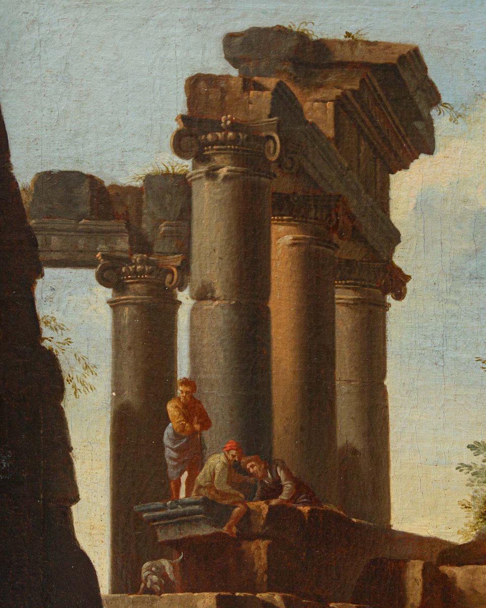 Giovanni Ghisolfi (Milan, 1623 - 1683), Paysage avec des ruines architecturales et des figures-photo-4