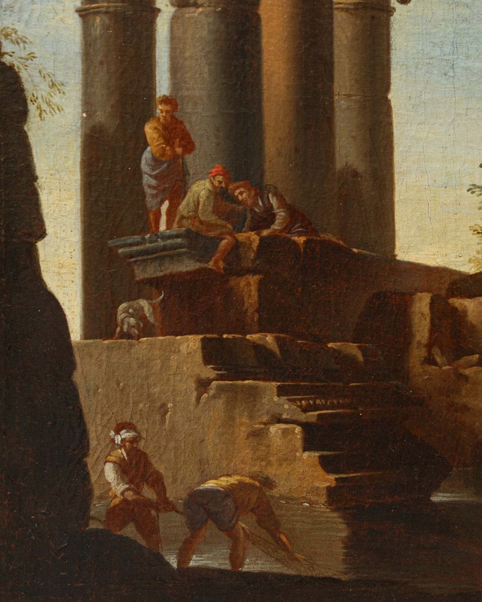 Giovanni Ghisolfi (Milan, 1623 - 1683), Paysage avec des ruines architecturales et des figures-photo-4