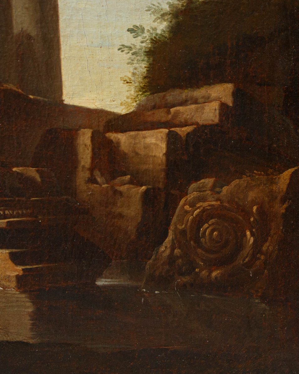 Giovanni Ghisolfi (Milan, 1623 - 1683), Paysage avec des ruines architecturales et des figures-photo-5