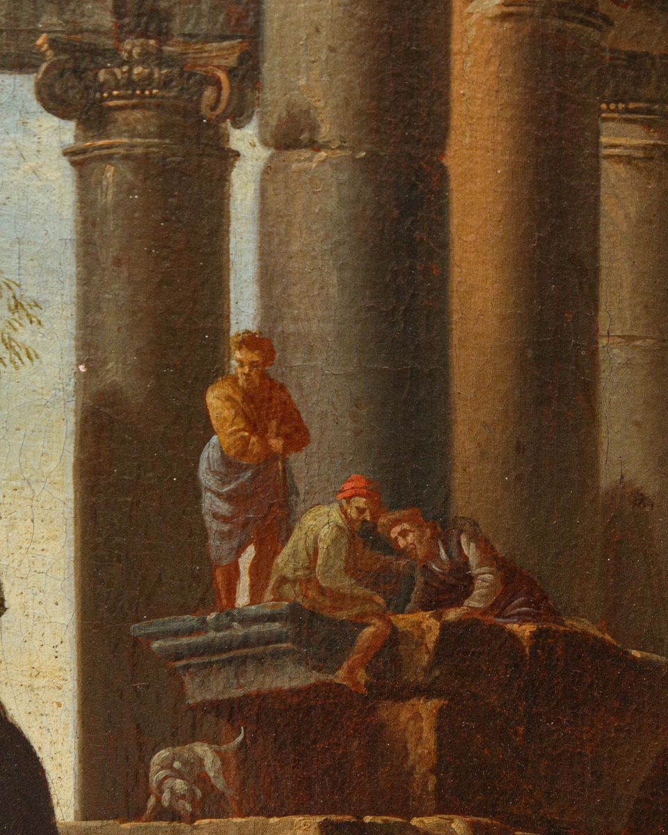 Giovanni Ghisolfi (Milan, 1623 - 1683), Paysage avec des ruines architecturales et des figures-photo-6