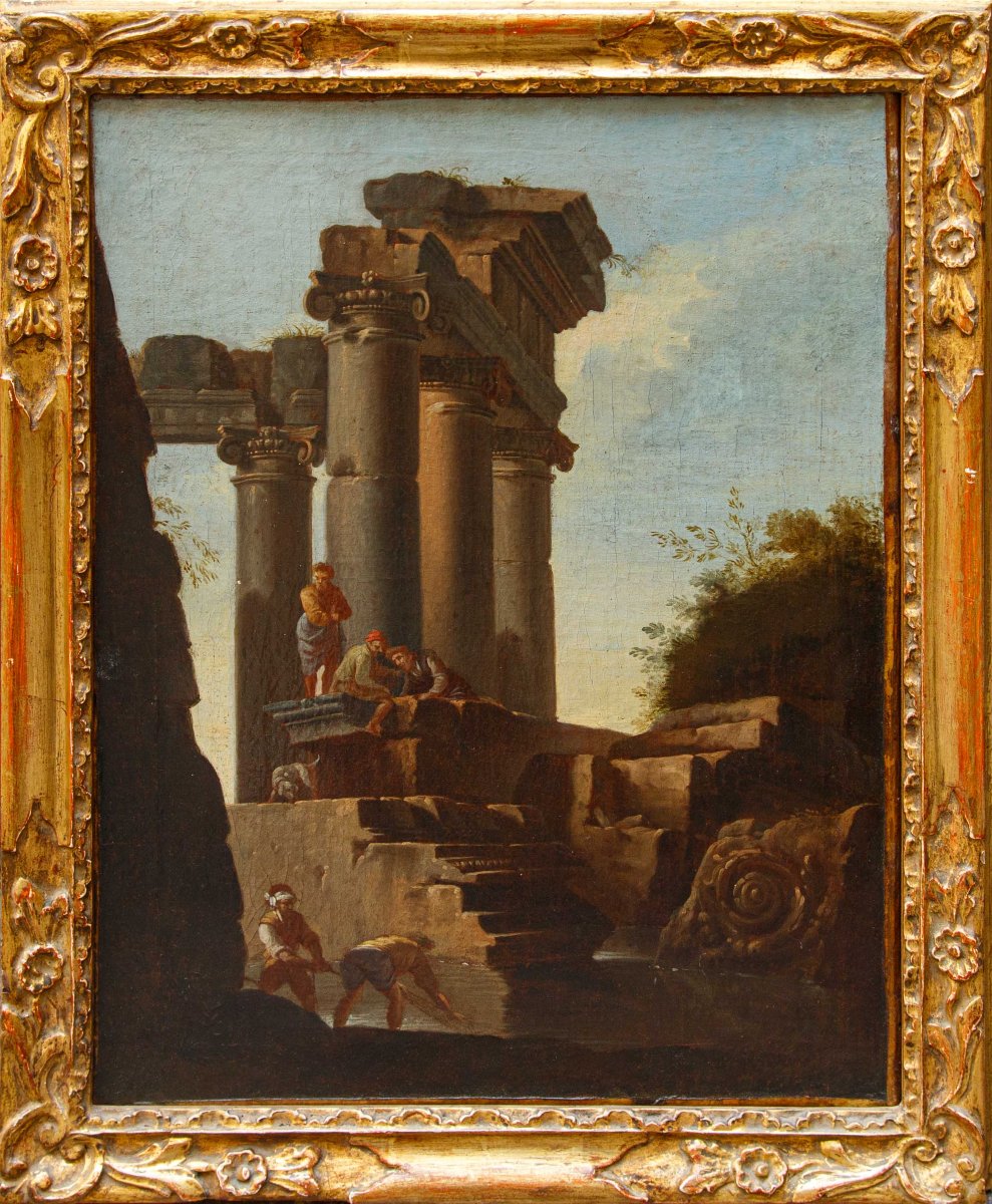 Giovanni Ghisolfi (Milan, 1623 - 1683), Paysage avec des ruines architecturales et des figures