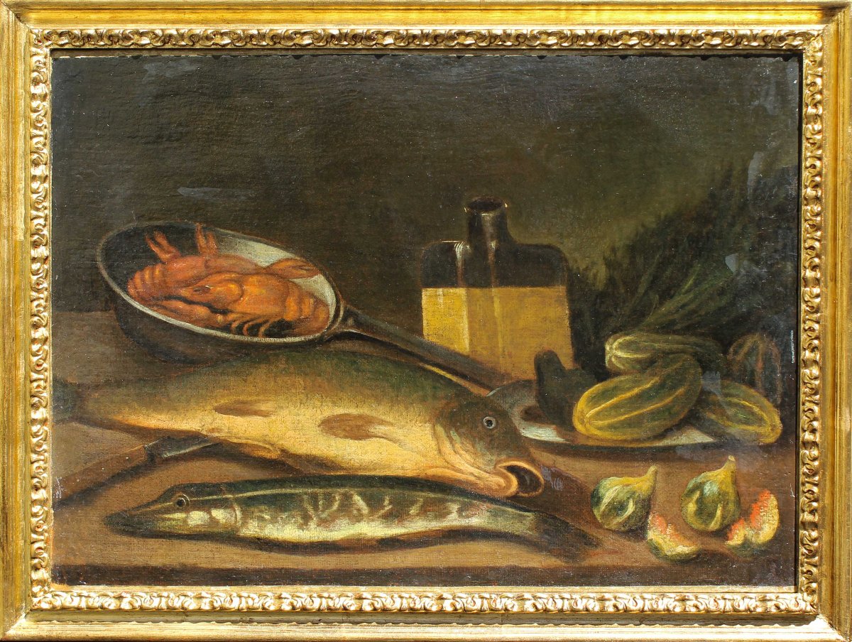 Nicola Levoli (Rimini, 1728 - 1801), attr., Nature morte avec poissons et crustacés