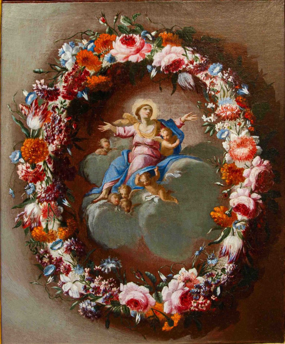 Carel de Vogelaer, peintre romain du XVIIe siècle, Guirlandede fleurs avec Assomption et anges-photo-2