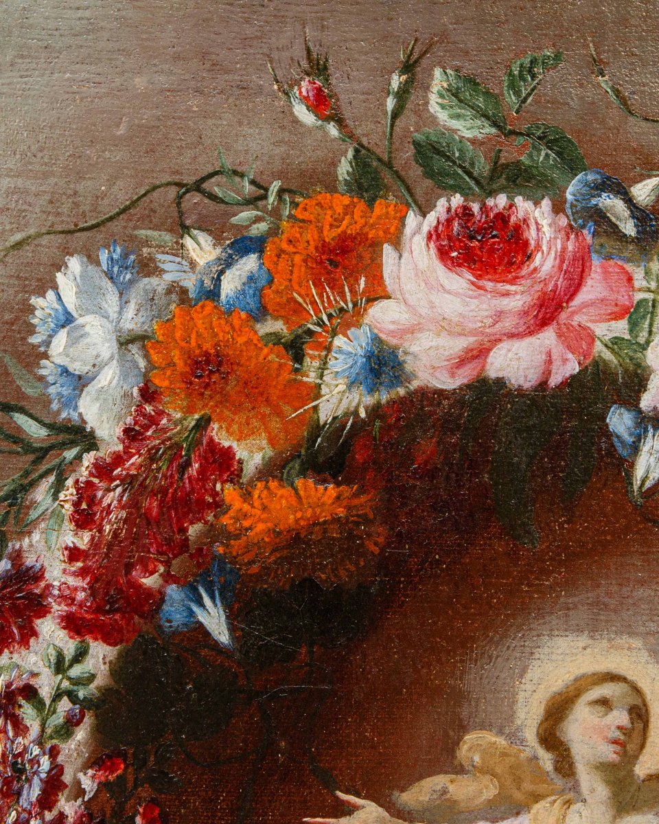 Carel de Vogelaer, peintre romain du XVIIe siècle, Guirlandede fleurs avec Assomption et anges-photo-4