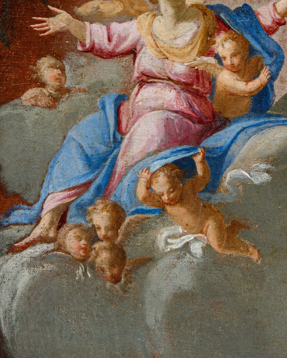 Carel de Vogelaer, peintre romain du XVIIe siècle, Guirlandede fleurs avec Assomption et anges-photo-1