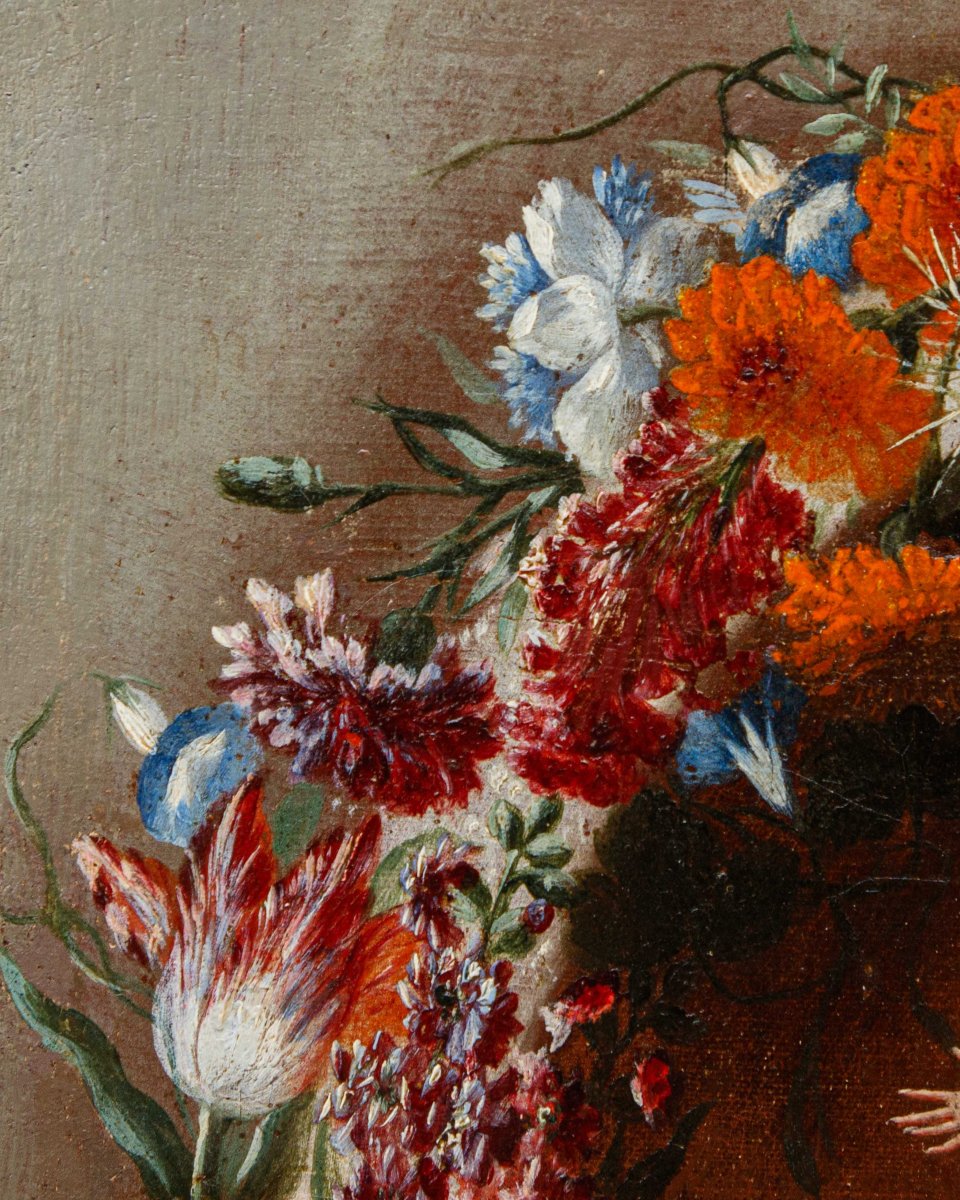 Carel de Vogelaer, peintre romain du XVIIe siècle, Guirlandede fleurs avec Assomption et anges-photo-2
