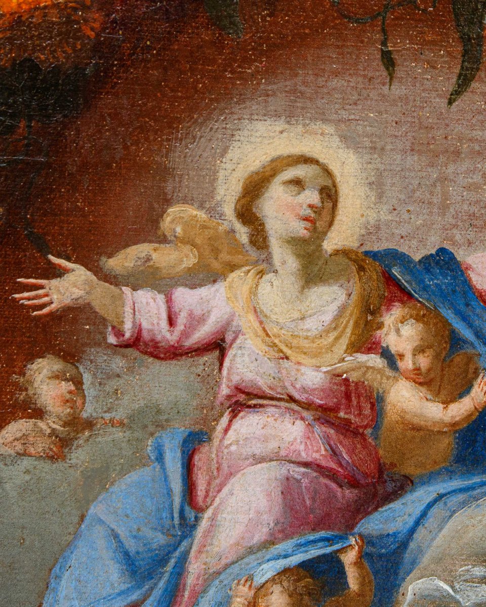 Carel de Vogelaer, peintre romain du XVIIe siècle, Guirlandede fleurs avec Assomption et anges-photo-3