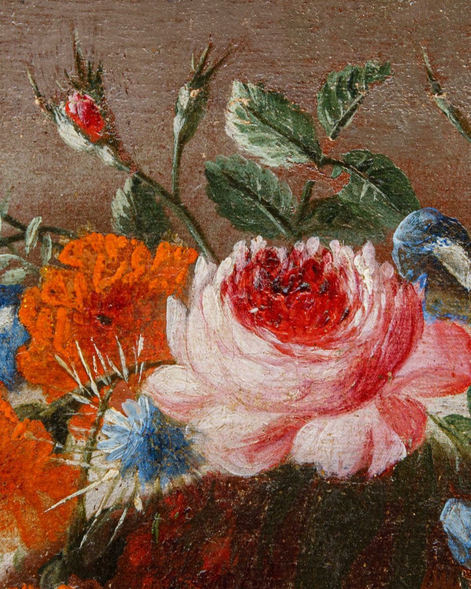 Carel de Vogelaer, peintre romain du XVIIe siècle, Guirlandede fleurs avec Assomption et anges-photo-4