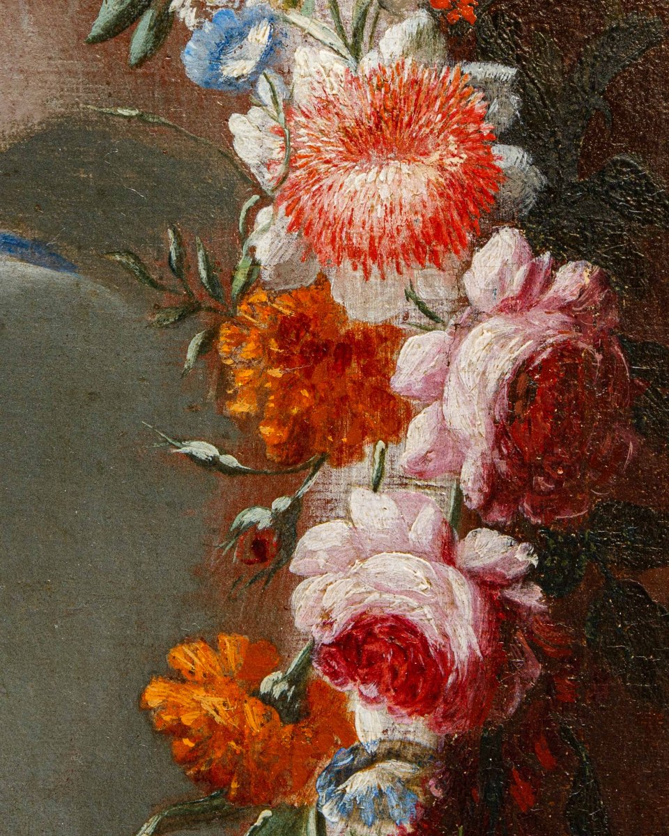 Carel de Vogelaer, peintre romain du XVIIe siècle, Guirlandede fleurs avec Assomption et anges-photo-5