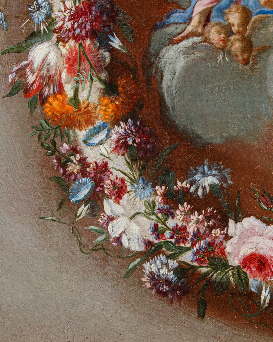 Carel de Vogelaer, peintre romain du XVIIe siècle, Guirlandede fleurs avec Assomption et anges-photo-6