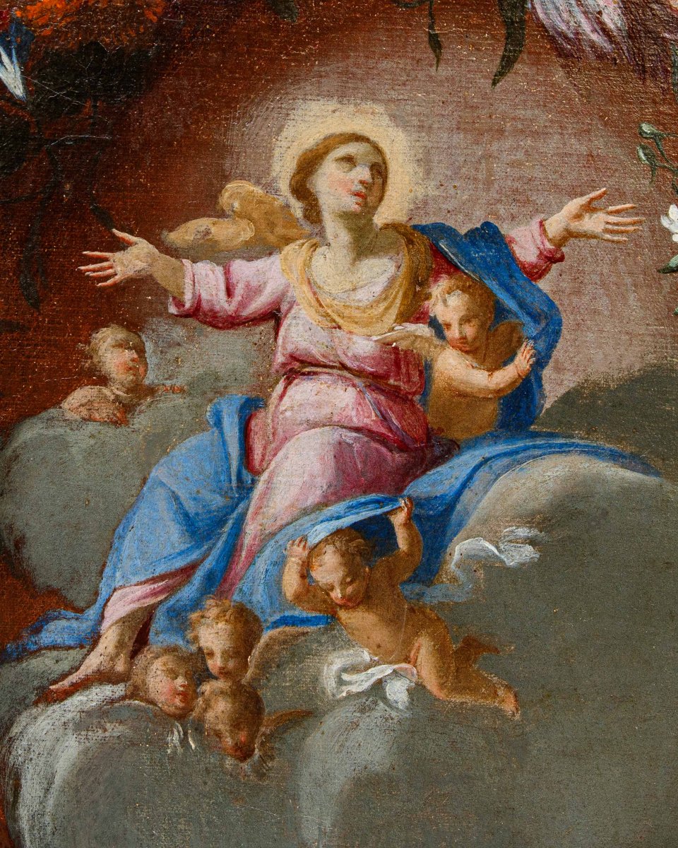Carel de Vogelaer, peintre romain du XVIIe siècle, Guirlandede fleurs avec Assomption et anges-photo-7