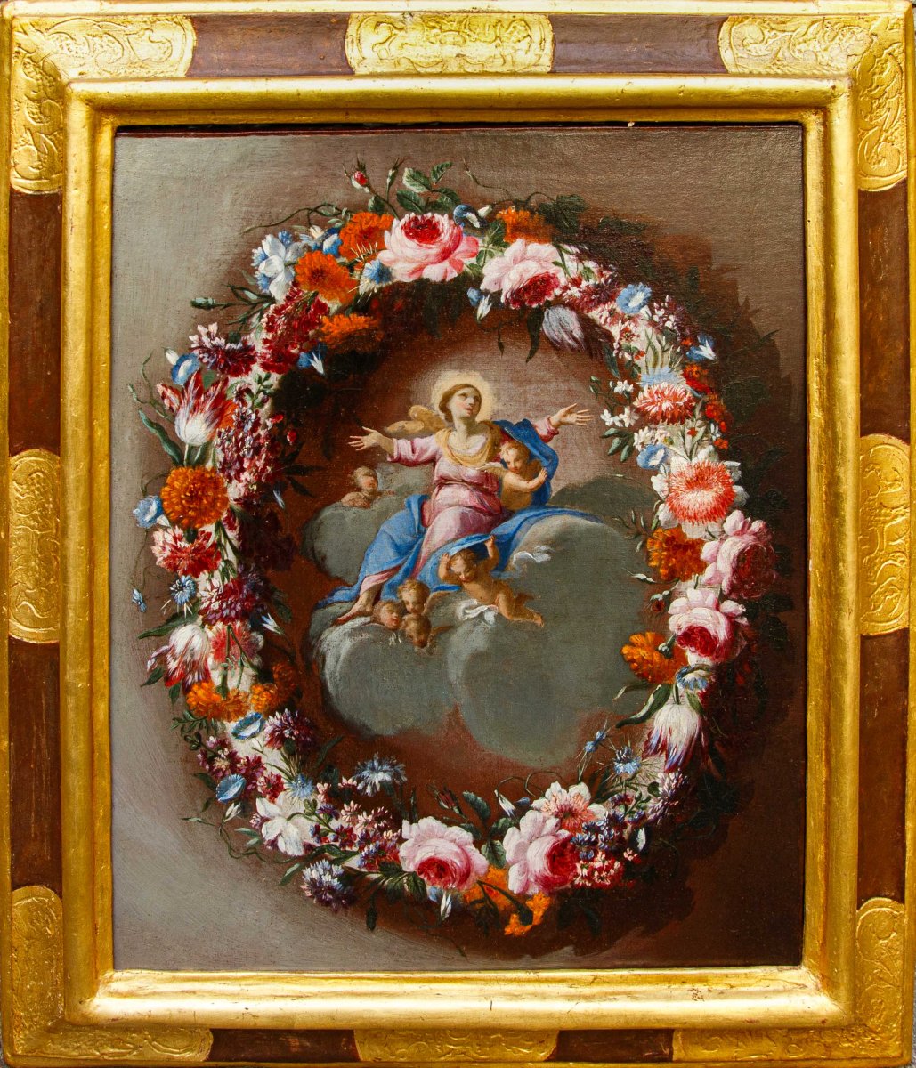 Carel de Vogelaer, peintre romain du XVIIe siècle, Guirlandede fleurs avec Assomption et anges