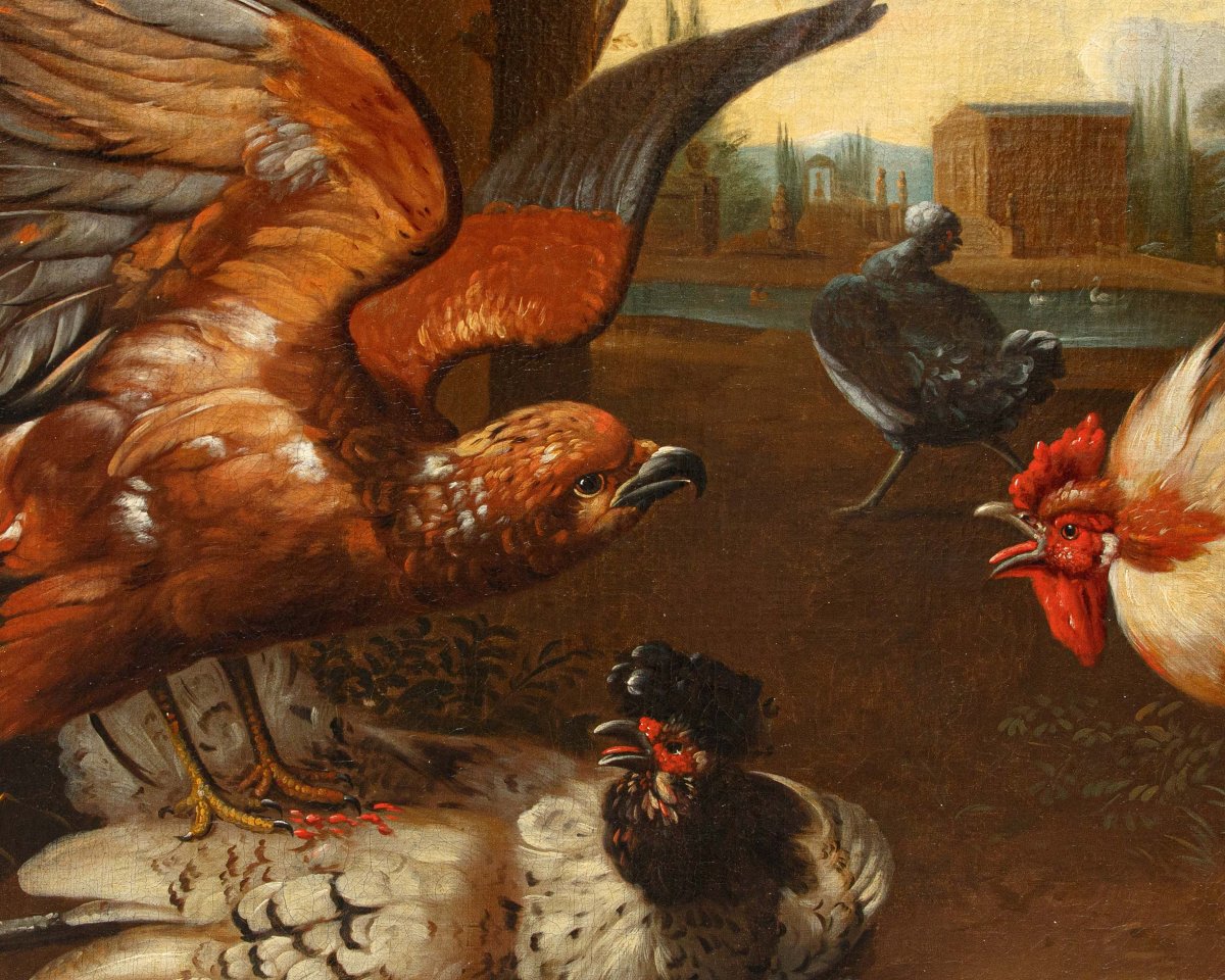 Disciple de Melchior de Hondecoeter (1636 -1695), XVIIIe siècle, Un coq défend une poule -photo-4