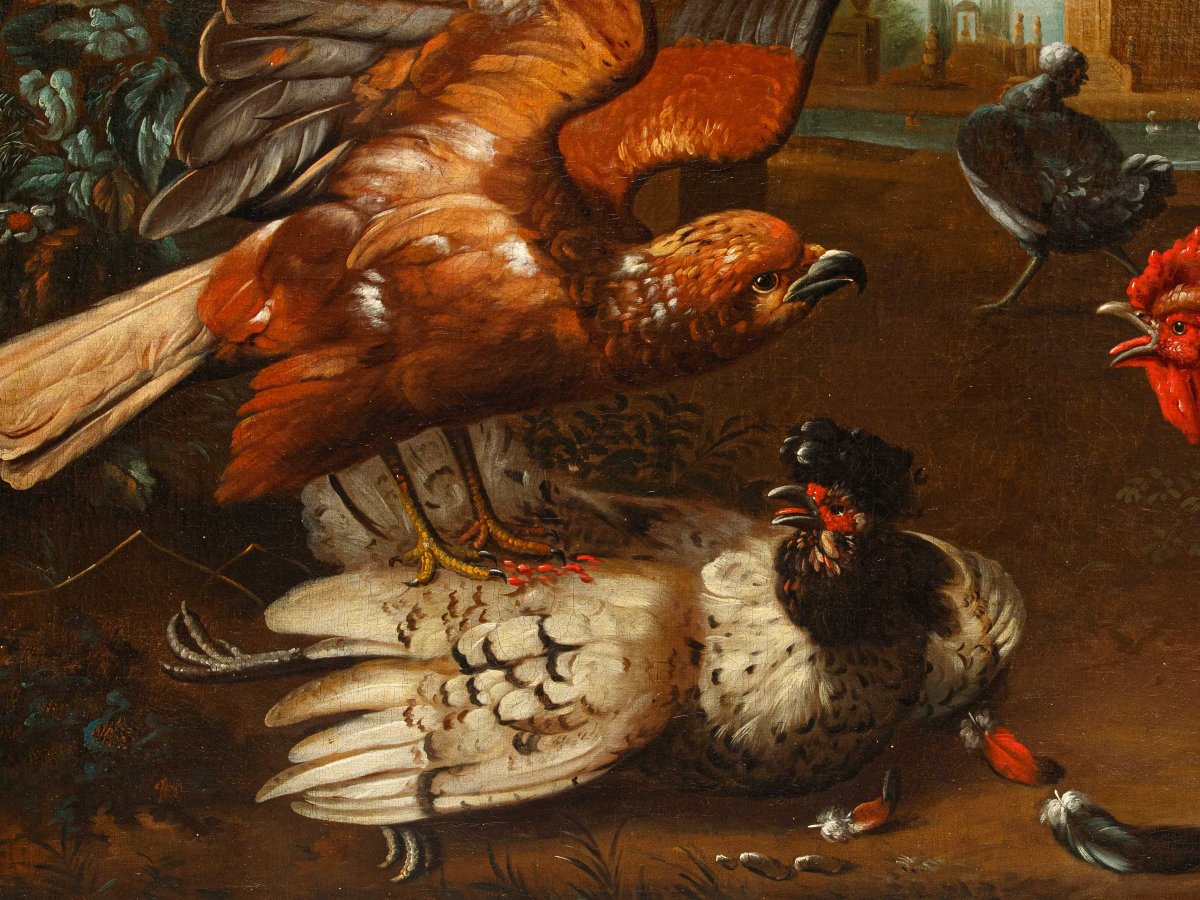 Disciple de Melchior de Hondecoeter (1636 -1695), XVIIIe siècle, Un coq défend une poule -photo-1