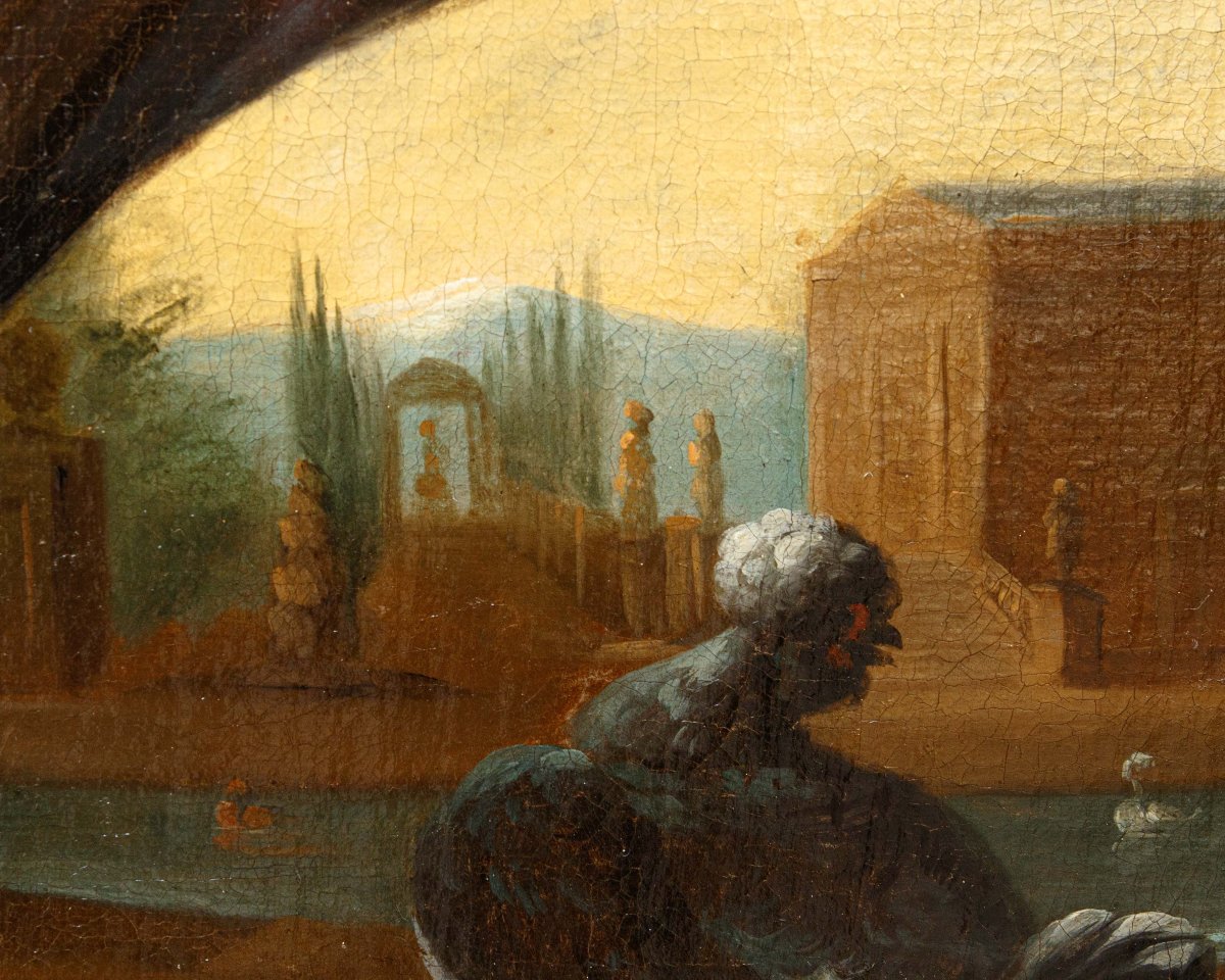 Disciple de Melchior de Hondecoeter (1636 -1695), XVIIIe siècle, Un coq défend une poule -photo-2