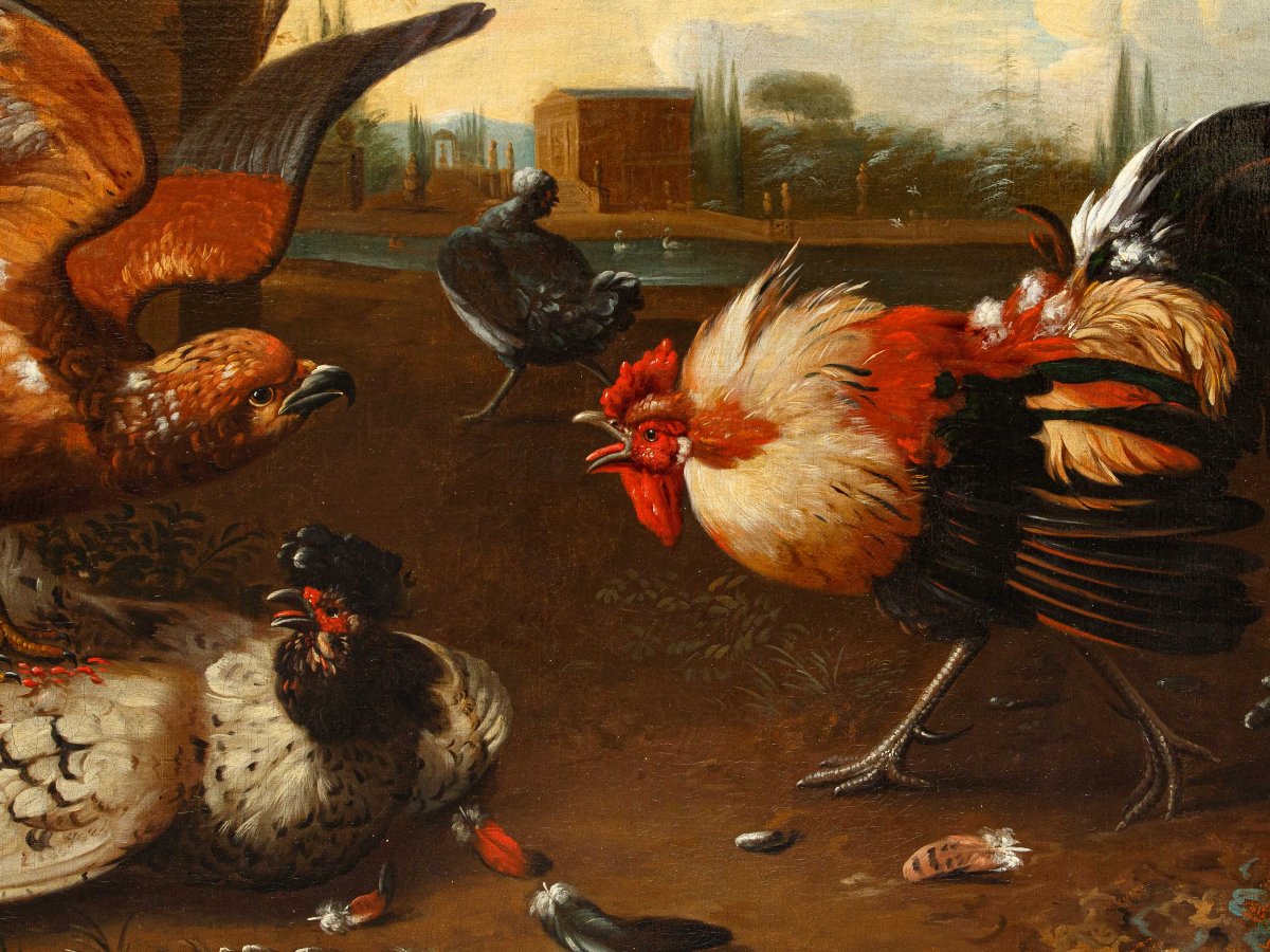 Disciple de Melchior de Hondecoeter (1636 -1695), XVIIIe siècle, Un coq défend une poule -photo-6