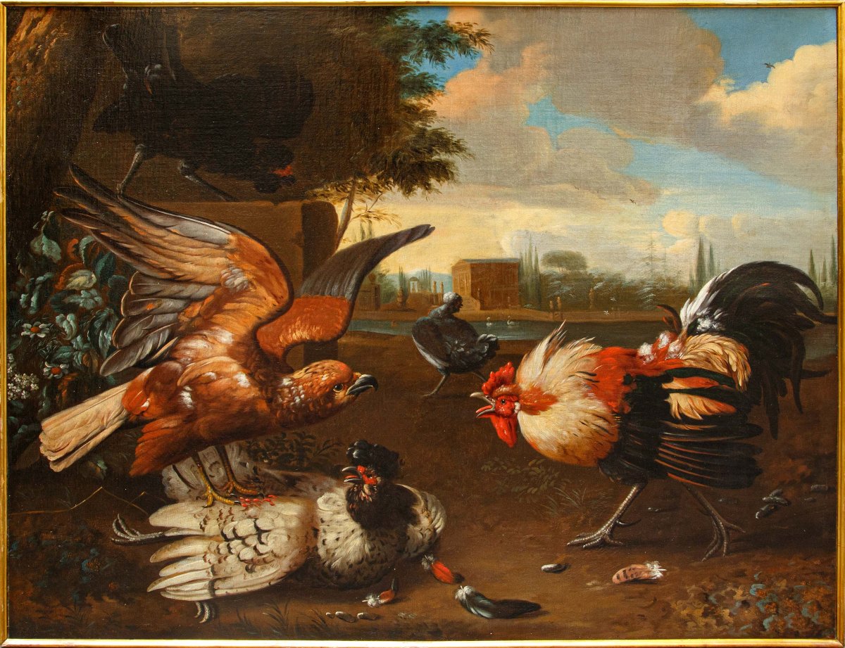 Disciple de Melchior de Hondecoeter (1636 -1695), XVIIIe siècle, Un coq défend une poule 