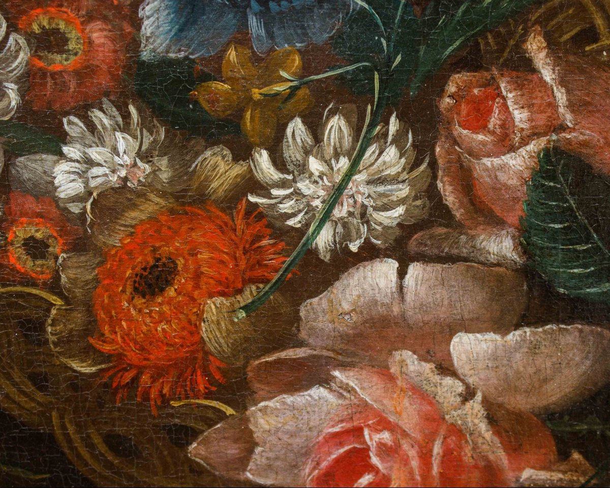 École du XVIIIe siècle, Nature morte avec panier de fleurs-photo-3