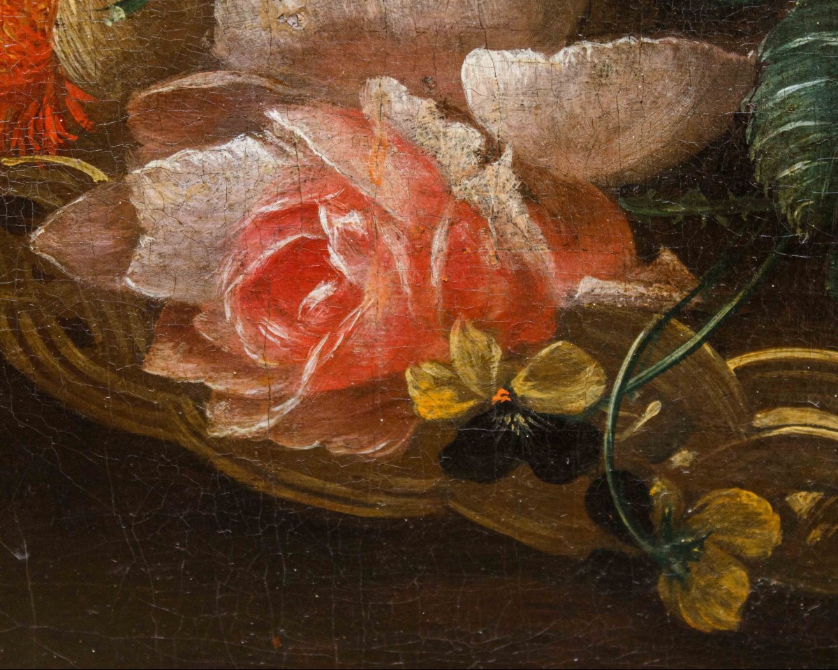 École du XVIIIe siècle, Nature morte avec panier de fleurs-photo-3