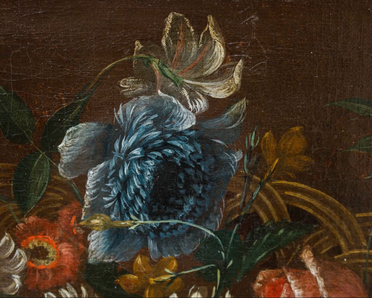 École du XVIIIe siècle, Nature morte avec panier de fleurs-photo-4
