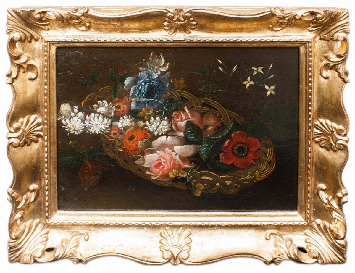 École du XVIIIe siècle, Nature morte avec panier de fleurs