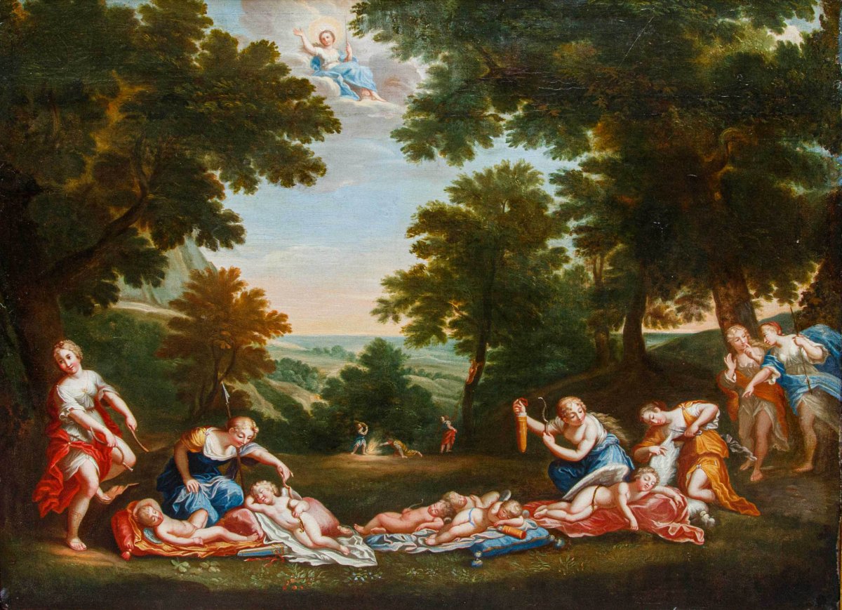 Circle Of Francesco Albani (bologna, 1578–1660), Sleeping Cupids Disarmed By Nymphs-photo-2