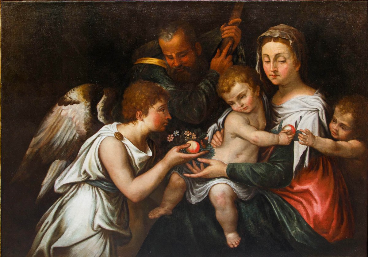 École émilienne, première moitié du XVIIe siècle, Sainte-Famille avec saint Jean et un ange-photo-2
