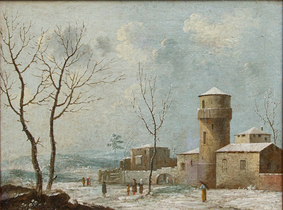 18th Century, Snowy Landscape With A Castle And Figures-photo-2