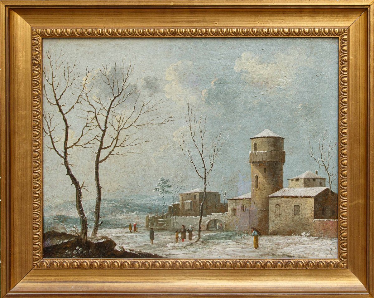 18th Century, Snowy Landscape With A Castle And Figures