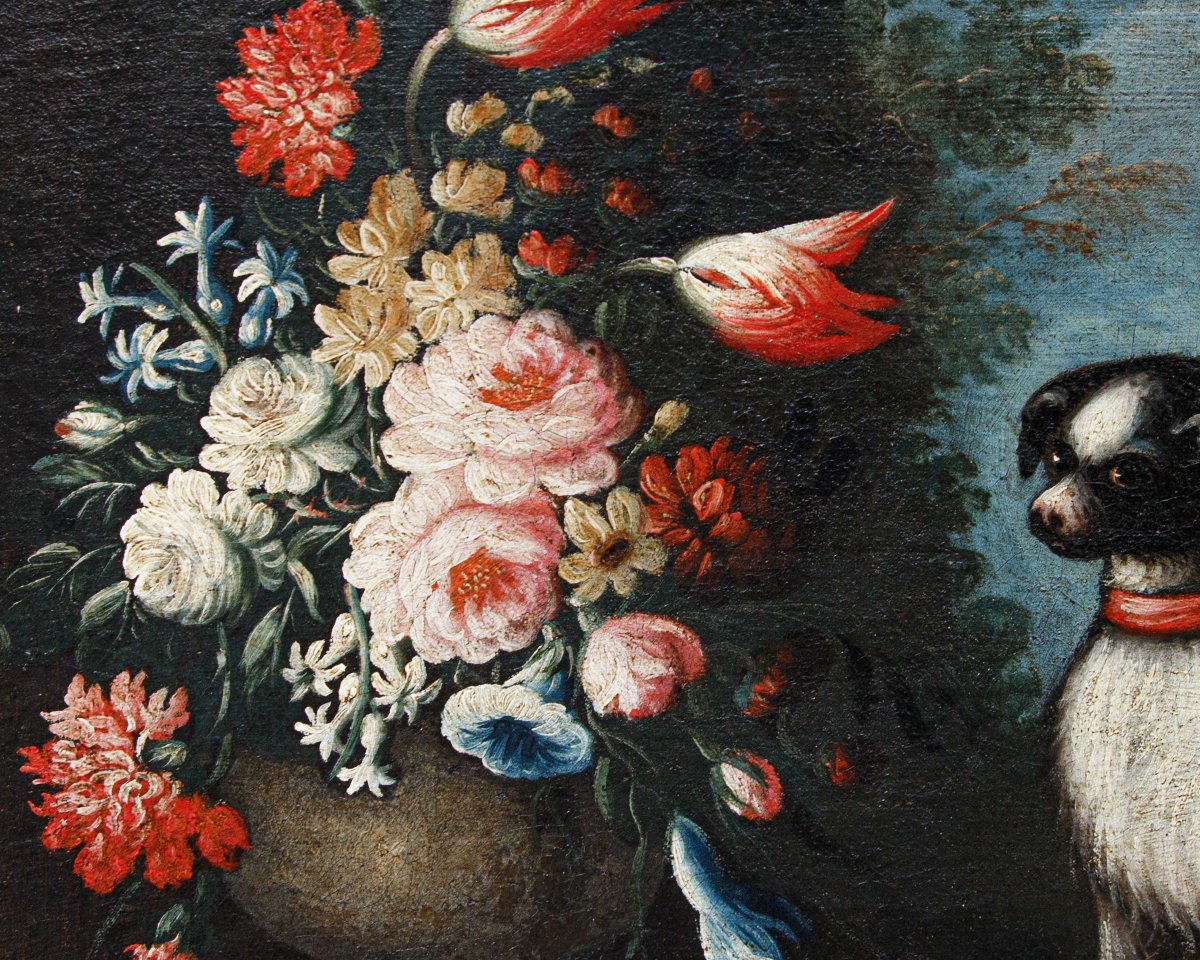 Angelo Zani ou « Monogrammiste A.V. »  (18ème), Vase de fleurs avec chien-photo-2