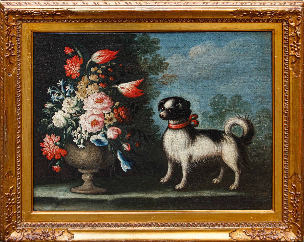 Angelo Zani ou « Monogrammiste A.V. »  (18ème), Vase de fleurs avec chien