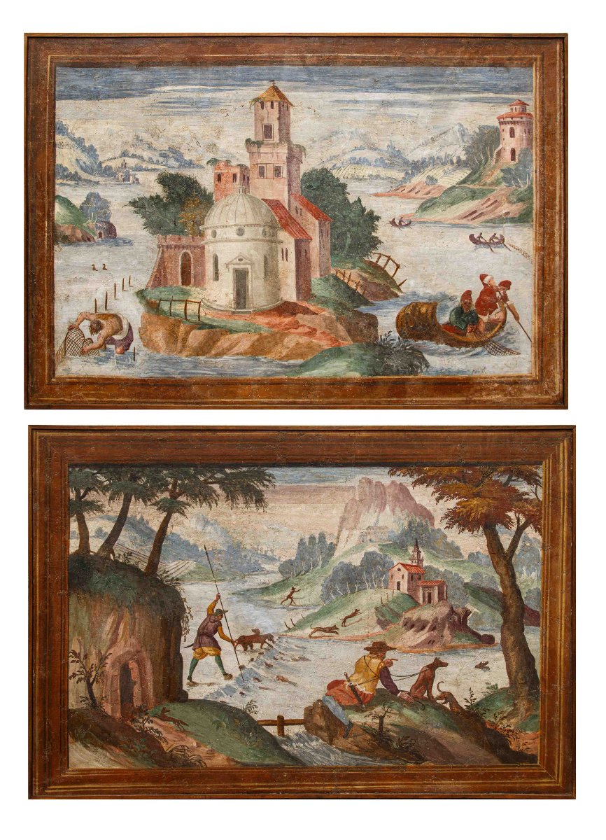 Pietro Baschenis (Bergame, 1590-1600 - 1630), Couple de paysages fantastiques
