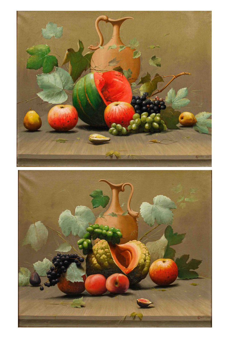 Cleto Gibello (1892 - 1944), Couple de natures mortes avec des fruits et une cruche-photo-2
