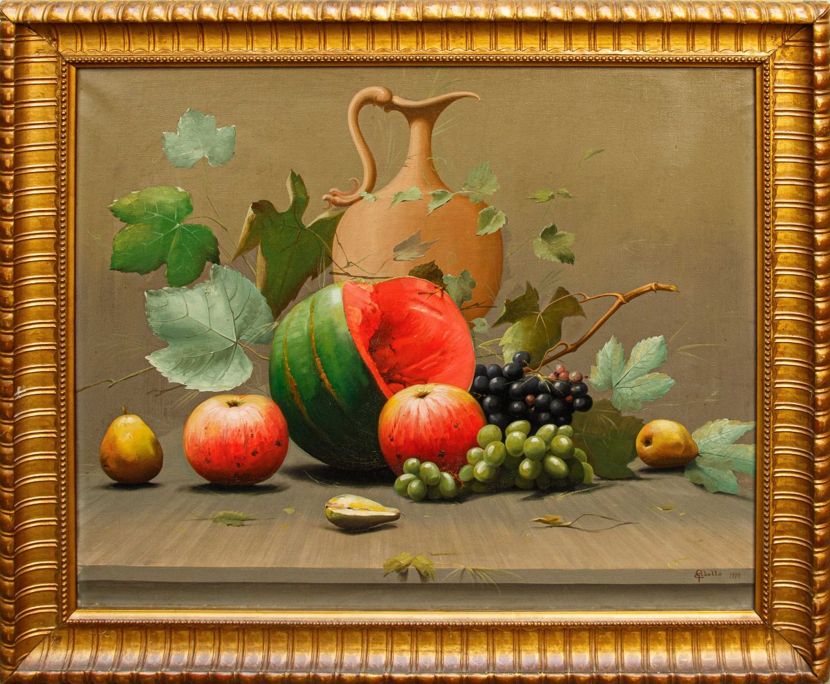 Cleto Gibello (1892 - 1944), Couple de natures mortes avec des fruits et une cruche-photo-3