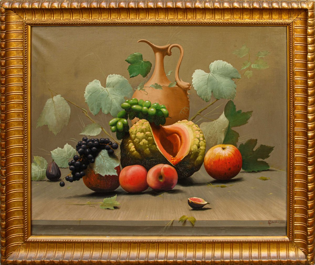 Cleto Gibello (1892 - 1944), Couple de natures mortes avec des fruits et une cruche-photo-4