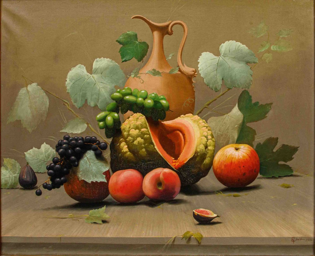 Cleto Gibello (1892 - 1944), Couple de natures mortes avec des fruits et une cruche-photo-1