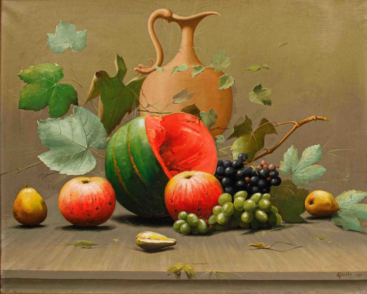 Cleto Gibello (1892 - 1944), Couple de natures mortes avec des fruits et une cruche-photo-2