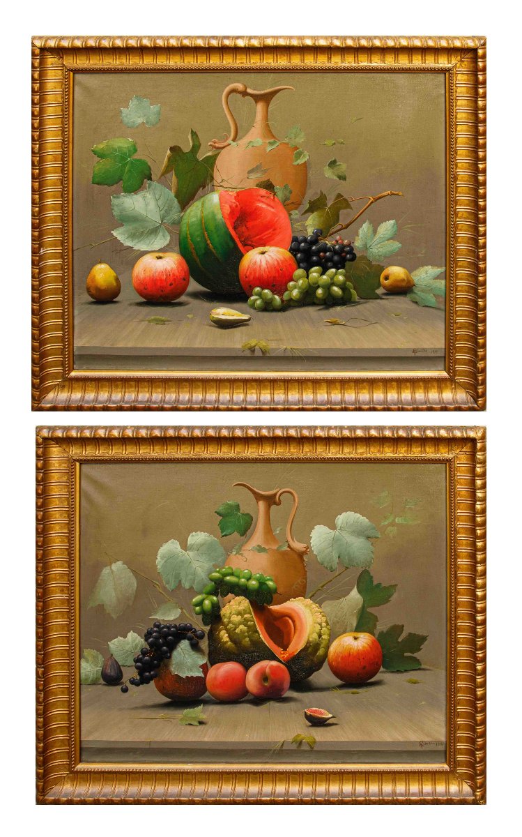 Cleto Gibello (1892 - 1944), Couple de natures mortes avec des fruits et une cruche